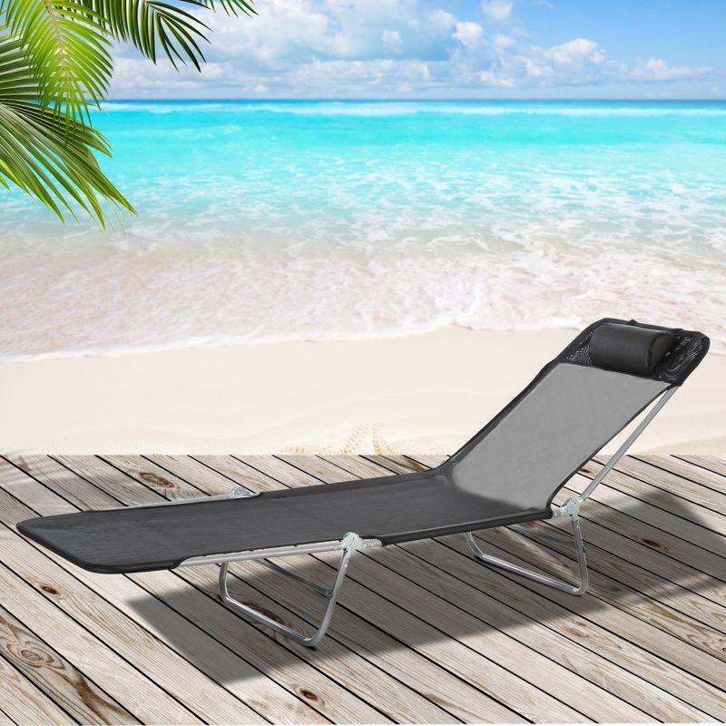 Outsunny Foldable Outdoor Chaise Lounge Chair, 6-Level Reclining Camping Tanning Chair with Breathable Mesh Fabric and Headrest