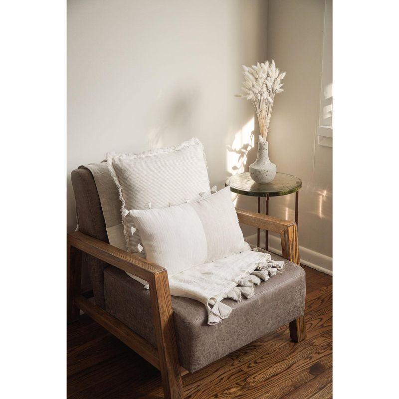 Natural Beige and White Linen Pillow with Tassels