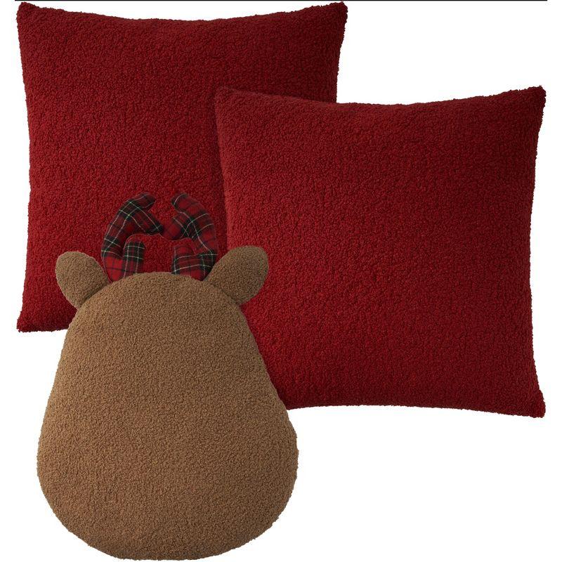 Mina Victory Holiday Plaid Faux Shearling Reindeer 3 Piece Set Indoor Throw Pillows