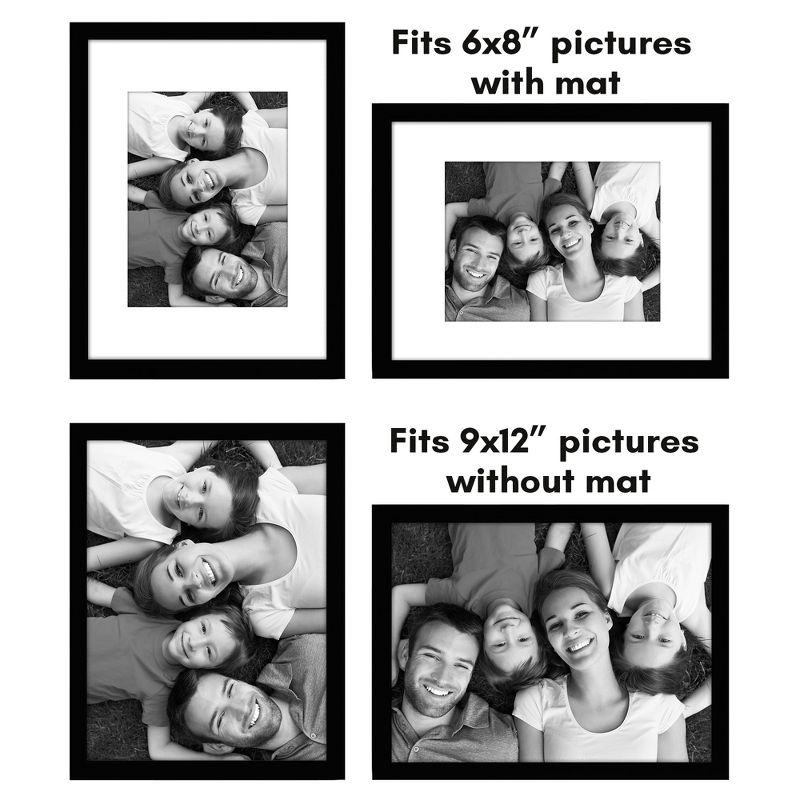 Americanflat 5 Pack of 9x12 Frames with 6x8 Mat - Plexiglass Cover - Black