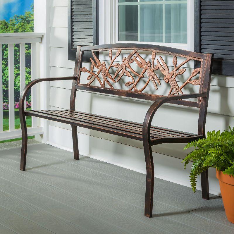 Evergreen Dragonfly Metal Garden Bench, Bronze