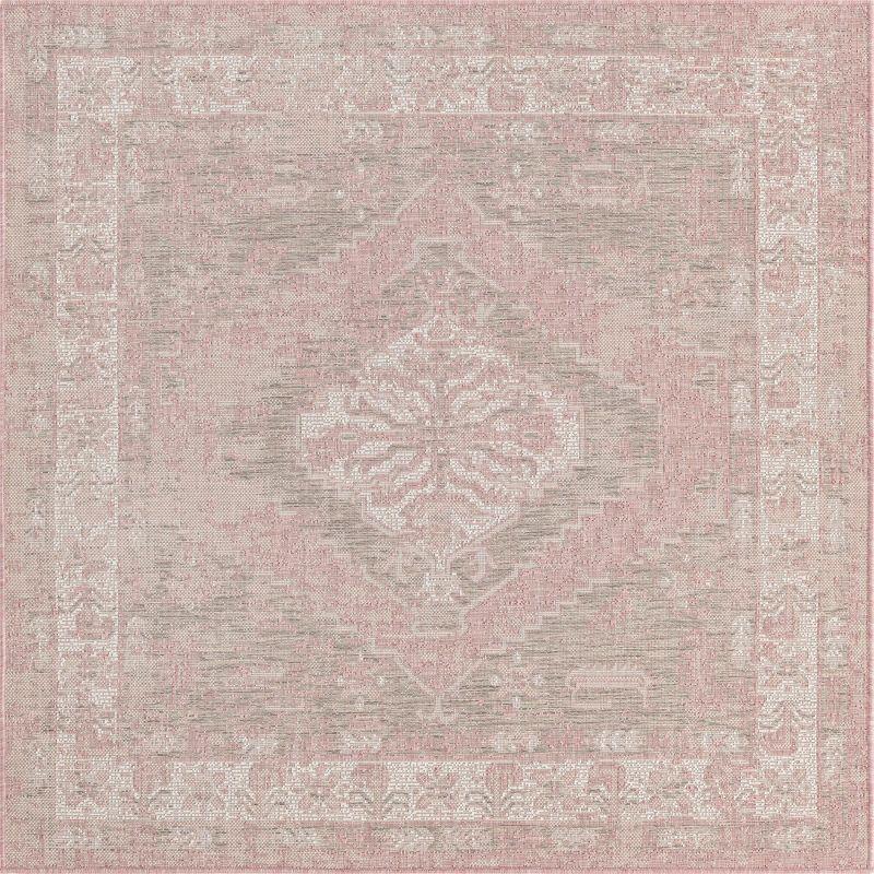 Pink Square Synthetic Outdoor Stain-Resistant Rug