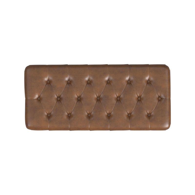 Button Tufted Storage Bench with Cone Wood Legs Faux Leather Brown - HomePop: Hinged Lid, Easy Access