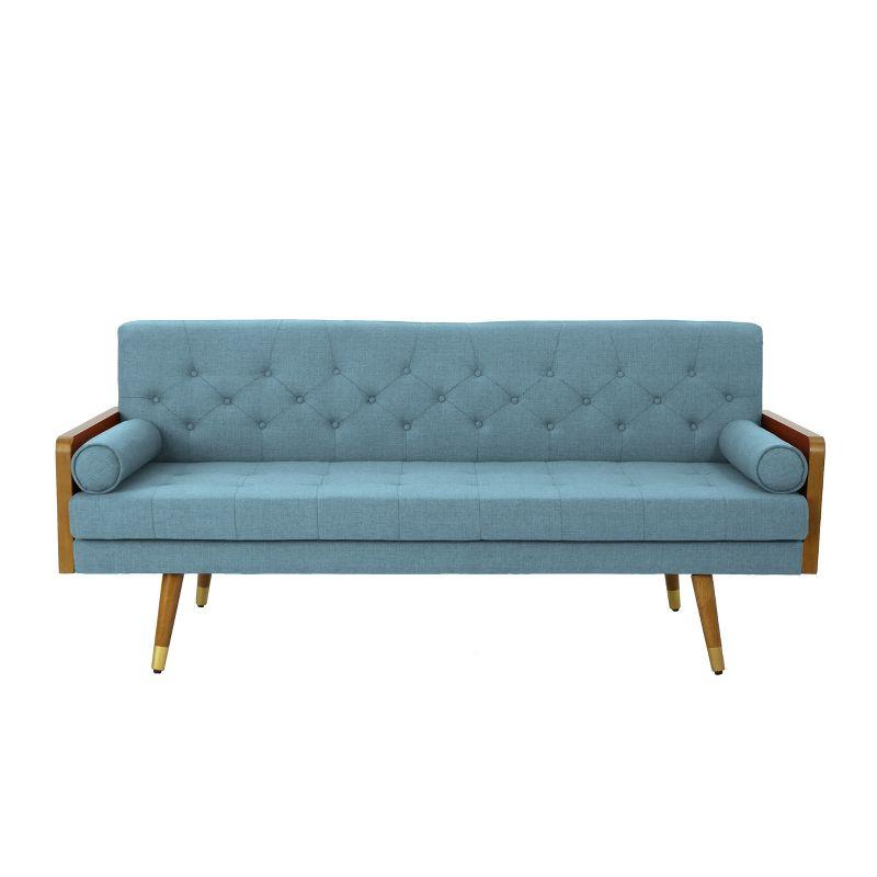 GDFStudio Aidan Mid Century Modern 72.25" Tufted Upholstered 3 Seater Sofa，Blue/Dark Walnut/Gold