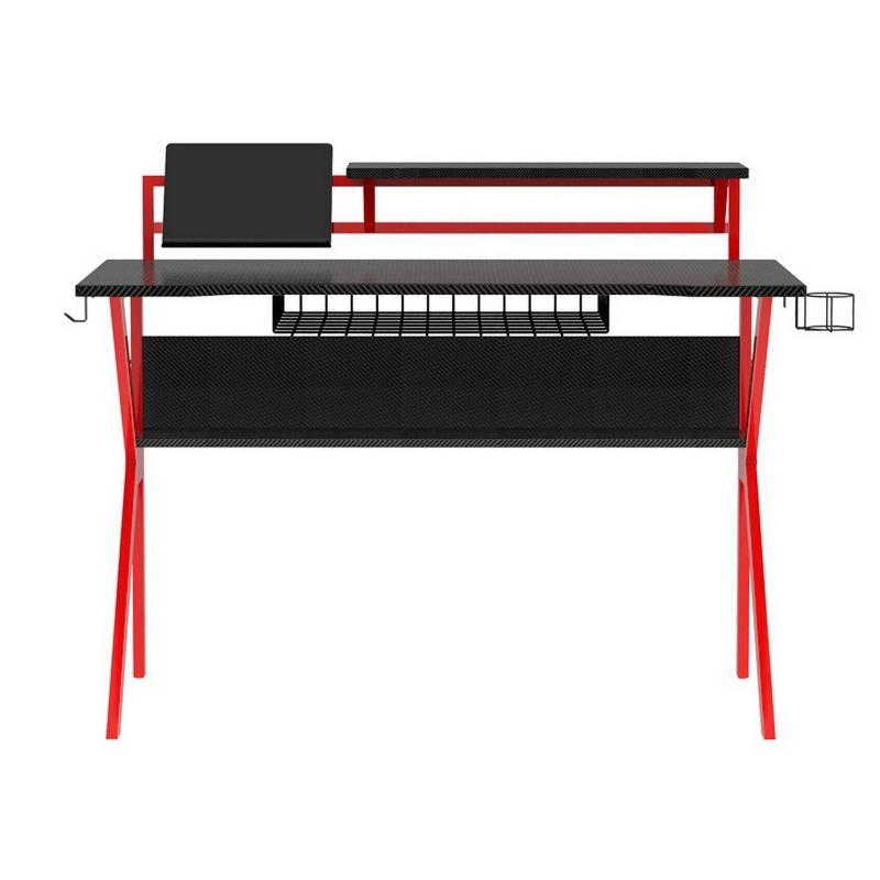 PVC Coated Ergonomic Metal Frame Gaming Desk Black/Red - The Urban Port: Elevated Monitor Shelf, K-Shaped Legs, Headphone Holder