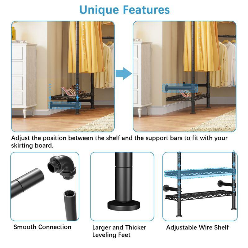 Timate F4 Wall Mounted Clothes Rack Industrial Pipe Clothing Rack , Expandable Garment Rack Heavy Duty Wardrobe Closet, Adjustable Closet, Black