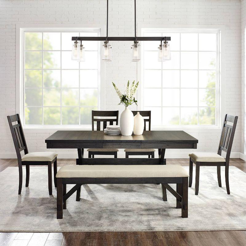 Crosley Hayden 6pc Extendable Dining Set with Bench and 4 Slat Back Chairs Slate: Farmhouse Style, Rubberwood & MDF