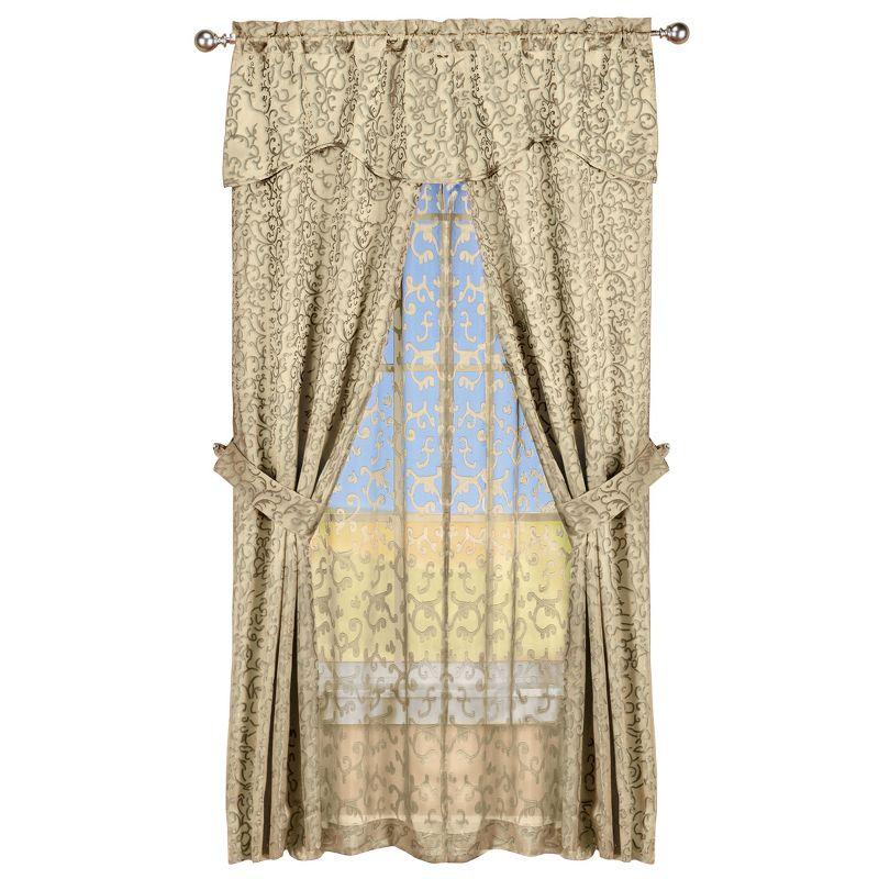 Collections Etc Insulated Scrolling Design Sheer Window Curtain Set with Tie Backs 54" x 84" Taupe