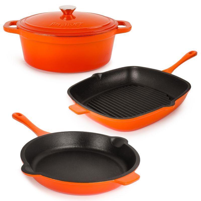 BergHOFF BergHOFF Neo 4 Pc Cast Iron Cookware Set with Fry Pan, Grill Pan, and 5Qt. Covered Dutch Oven