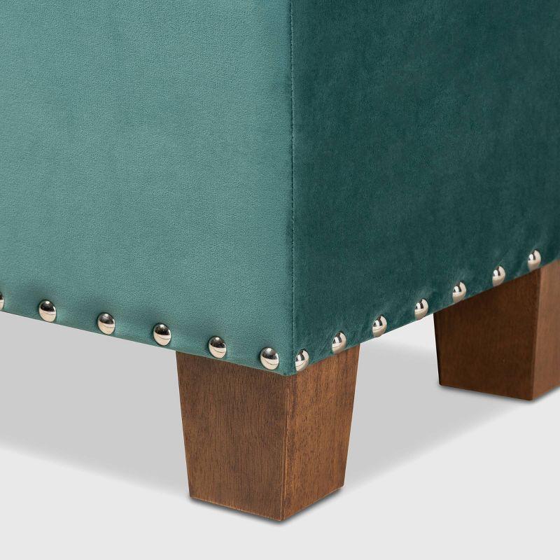 Teal Velvet Tufted Storage Bench with Walnut Legs