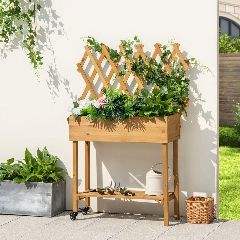 Arlmont & Co. Wood Raised Garden Bed With Trellis Storage Shelf Wheels Liner Drainage Holes