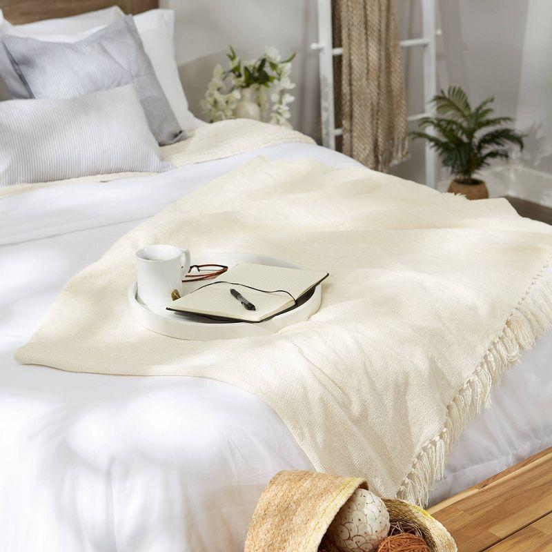 Cream Knitted Chenille Throw Blanket with Fringe