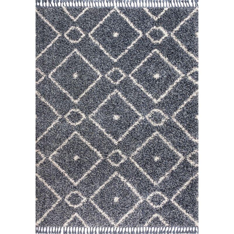 4'x6' Mercer Shag Plush Tassel Moroccan Diamond Area Rug, Denim/Cream - JONATHAN Y