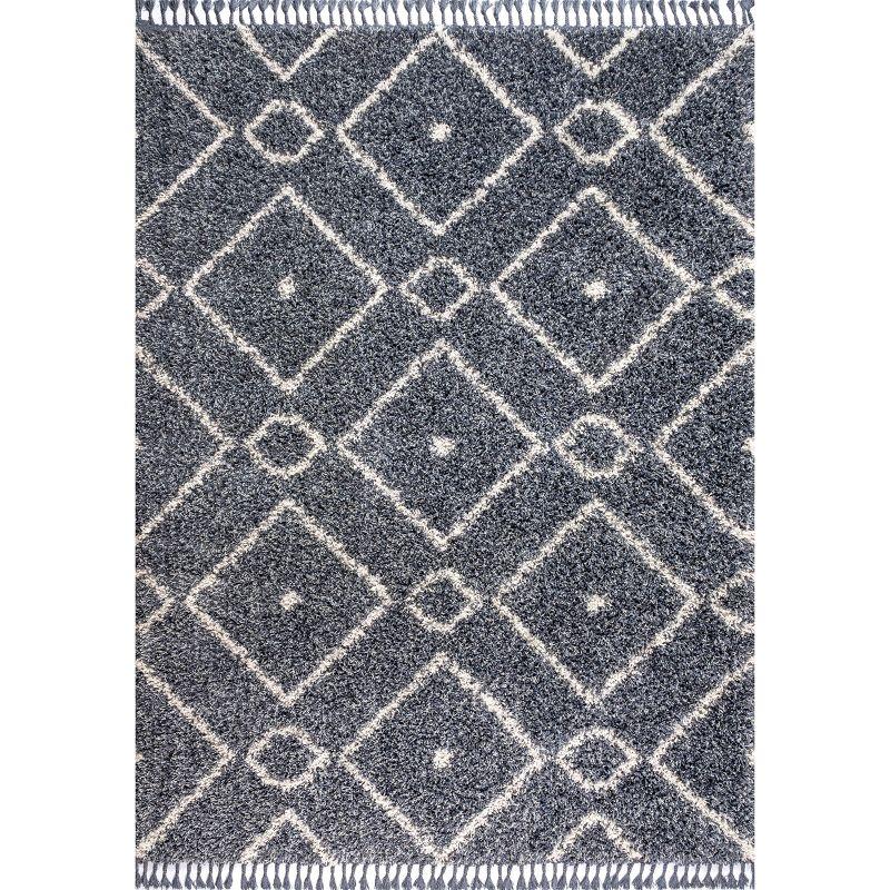 Denim Blue & Cream Moroccan Diamond Shag Area Rug 4' x 6'