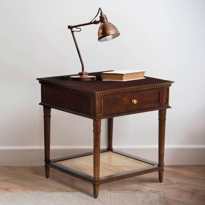 Storied Home Maxwelton Solid Wood End Accent Table Dark Chestnut/Natural: Traditional Style, Cane Shelf, Hidden Compartment