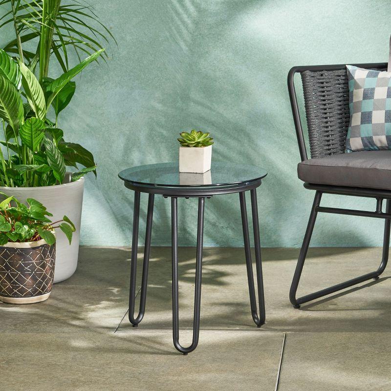 GDFStudio San Marco Outdoor Iron and Tempered Glass Side Table, Black