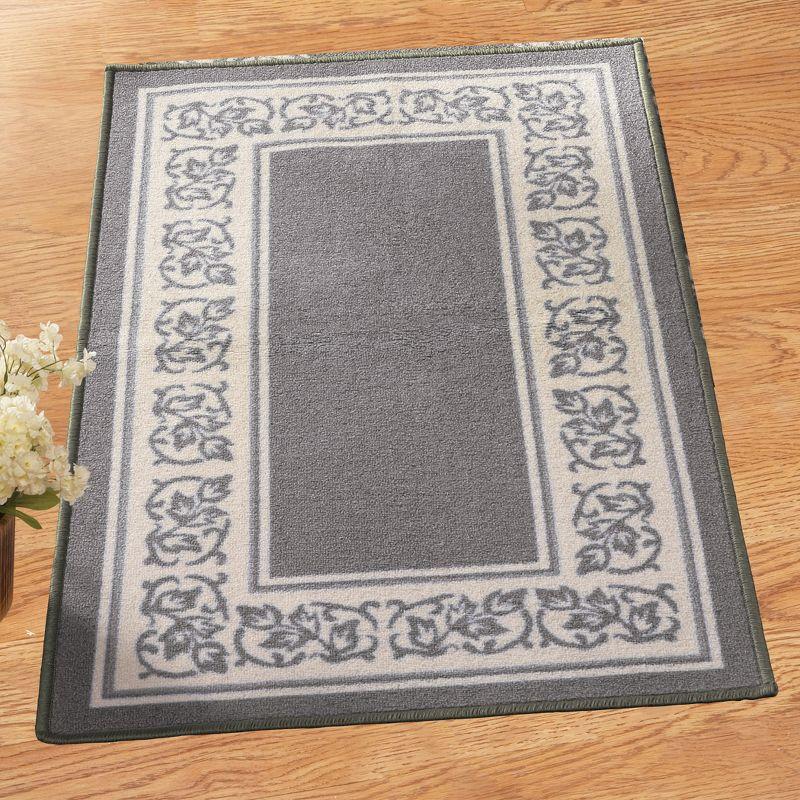 Gray Floral Border Non-Slip Washable Accent Rug