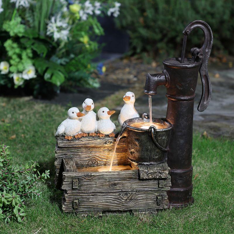 LuxenHome Farmhouse Crate and Baby Ducks Resin Outdoor Fountain with Lights Brown