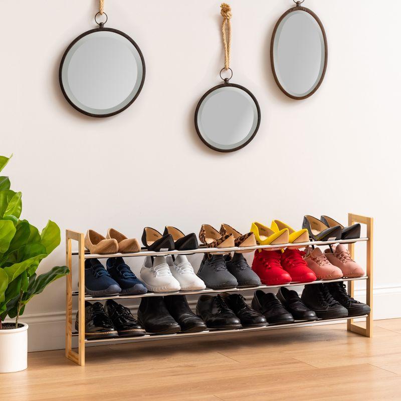 Expandable Pine Wood and Metal 3-Tier Shoe Rack