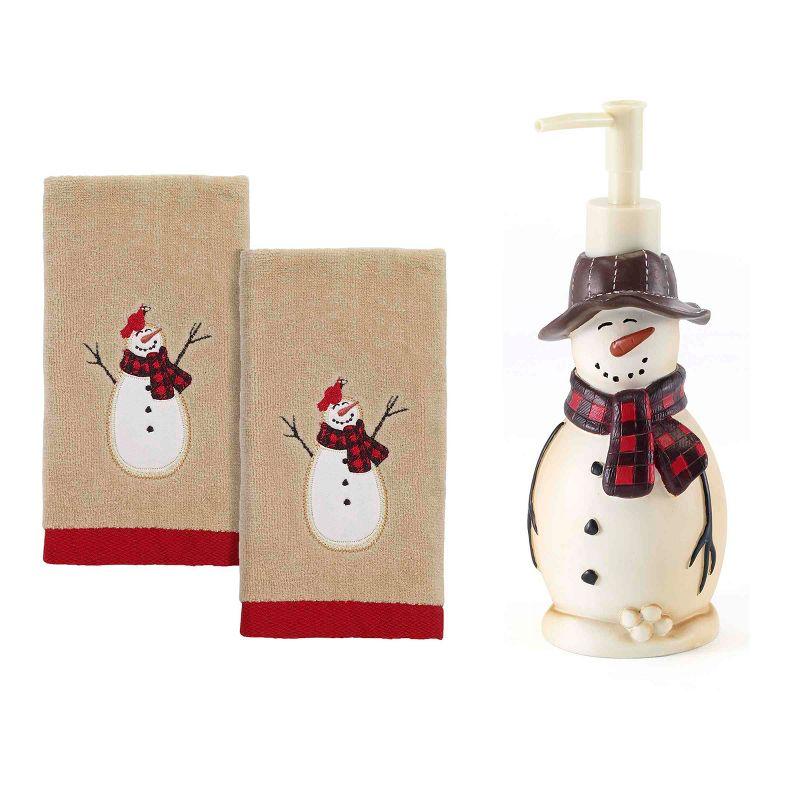 Snowmen Gathering Lotion Dispenser and Towel Set, Beige and Red Cotton