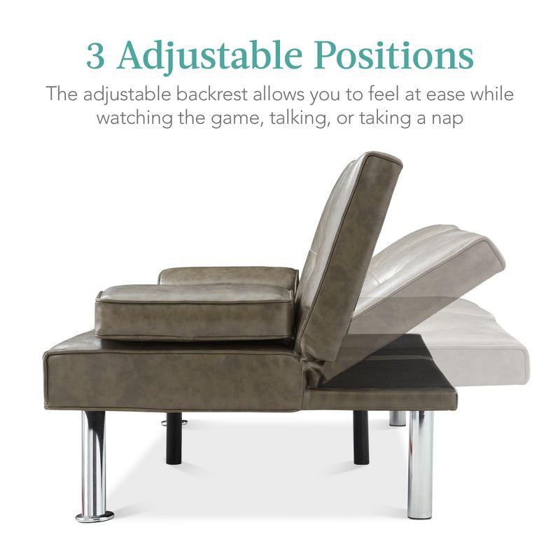 Best Choice Products Modern Faux Leather Convertible Futon Sofa w/ Removable Armrests, 2 Cupholders - Gray