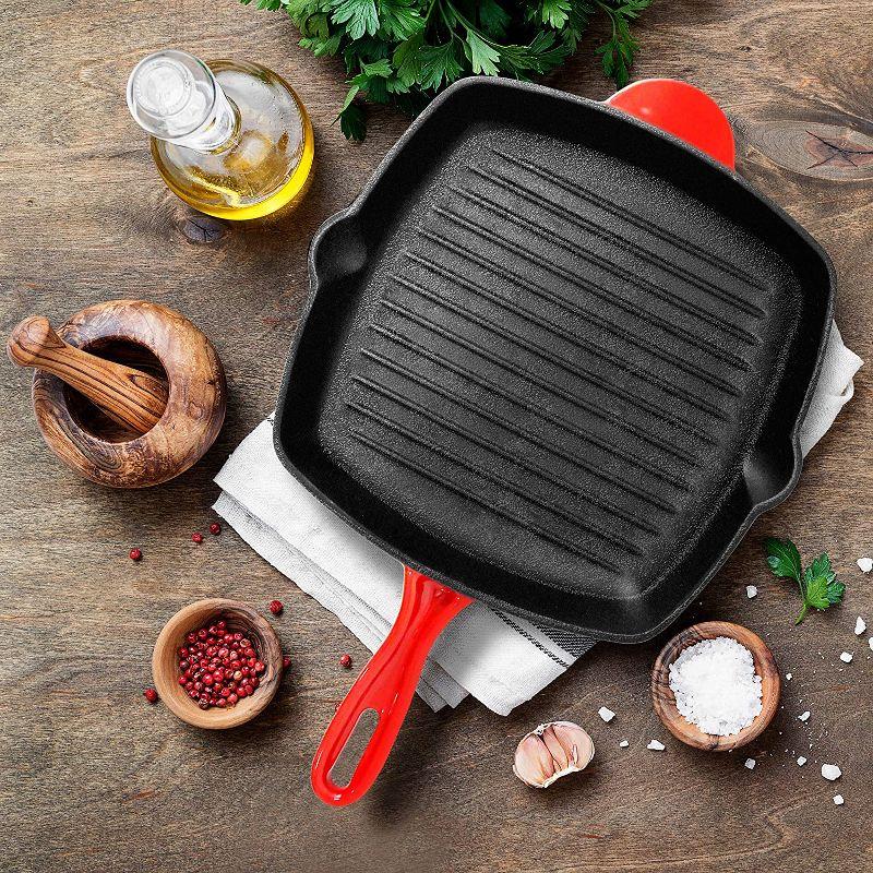 NutriChef 11 Inch Square Nonstick Cast Iron Skillet Griddle Grill Pan with Porcelain Enamel Coating, Side Pour Spouts, and Ridged Interior, Red