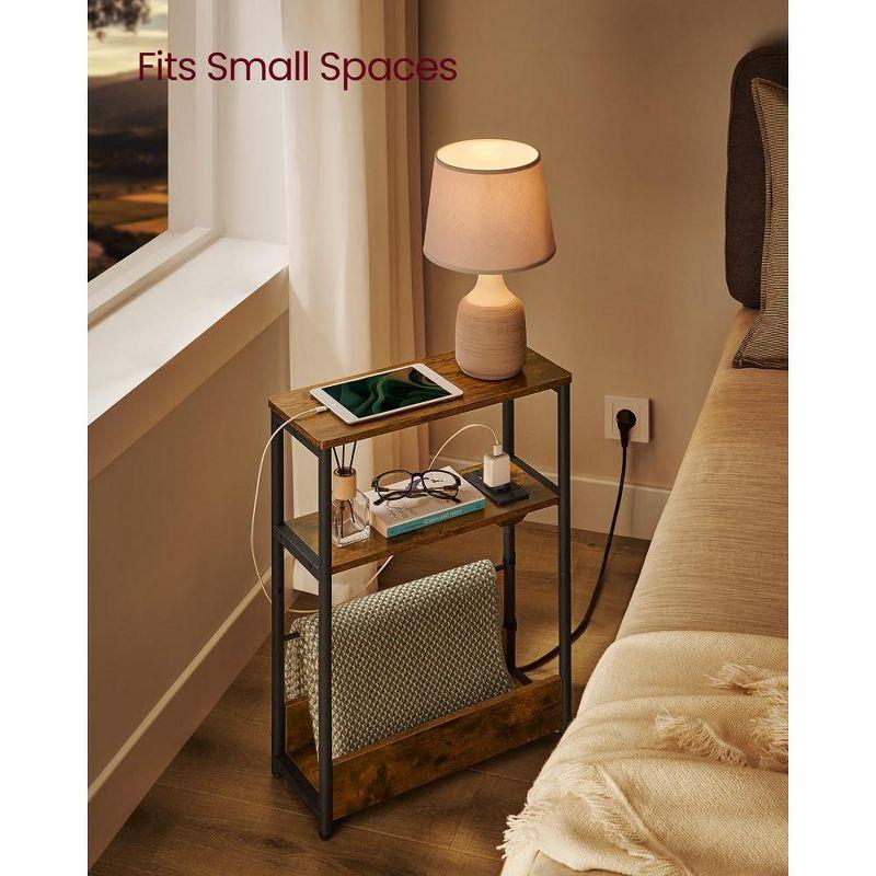 VASAGLE Side Table with Charging Station, Narrow End Table, 3-Tier Nightstand, Sofa Table for Small Spaces, Magazine Rack Rustic Brown and Ink Black
