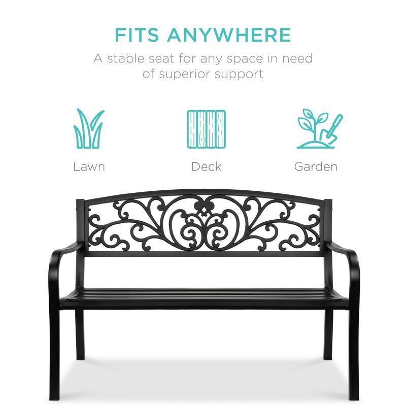 Black Steel Outdoor Bench with Floral Backrest, 52"