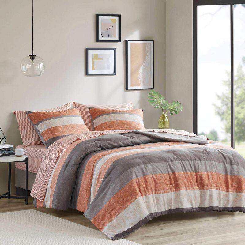 Madison Park Full Ryder Striped Comforter Set with Bed Sheet Coral Orange