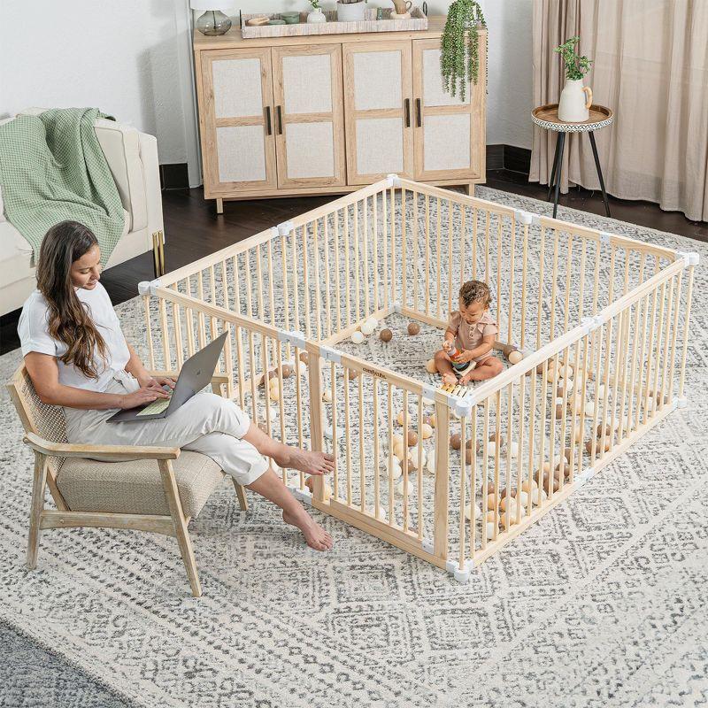 Foldable Gray Wooden Baby Playpen with Locking Gate