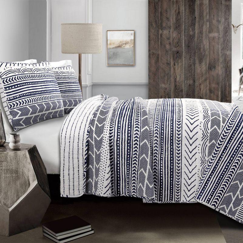 Lush Décor 3pc King Hygge Geo Reversible Quilt & Sham Set Navy/White: STANDARD 100 OEKO-TEX Certified