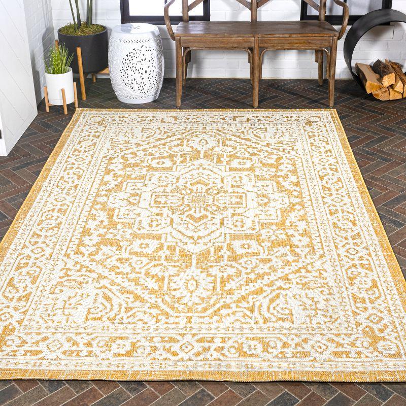 8' x 10' Sinjuri Medallion Textured Weave Indoor/Outdoor Area Rug, Yellow/Cream - JONATHAN Y