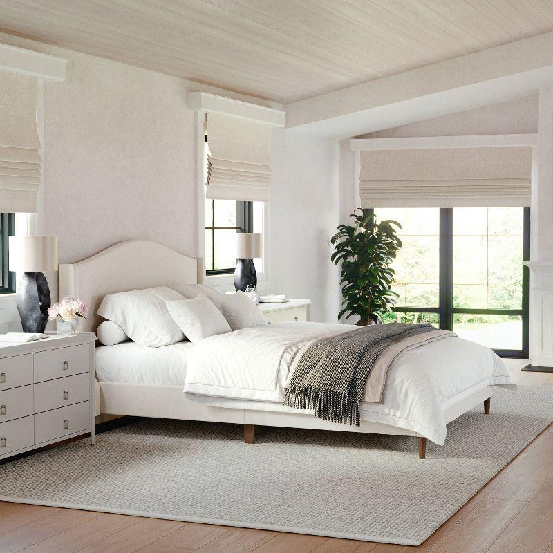 Amelia Queen Beige Linen Upholstered Platform Bed with Walnut Legs