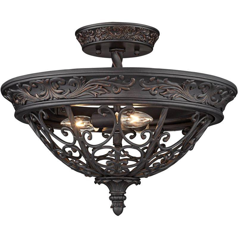 Franklin Iron Works French Scroll Rustic Farmhouse Ceiling Light Semi Flush Mount Fixture 16 1/2" Wide Rubbed Bronze 3-Light for Bedroom Kitchen House