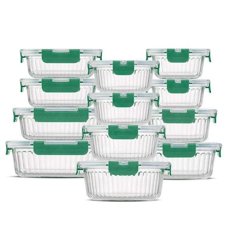 JoyJolt Fluted Glass Food Storage Containers with Leakproof Lids, Set of 12