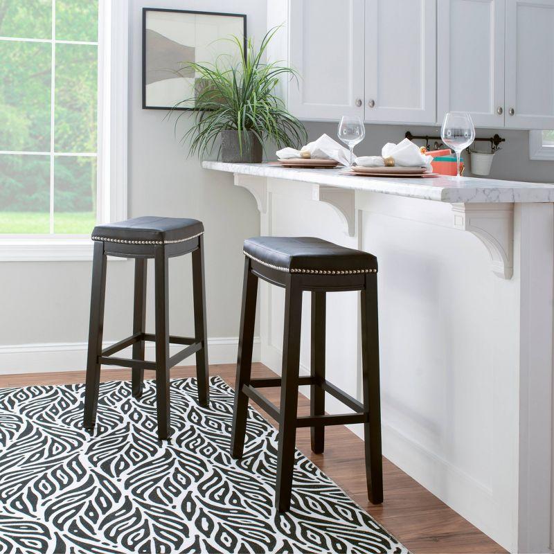 Claridge Backless Faux Leather Nailhead Saddle Barstool Black - Linon: Rubberwood Frame, 32.25" Height