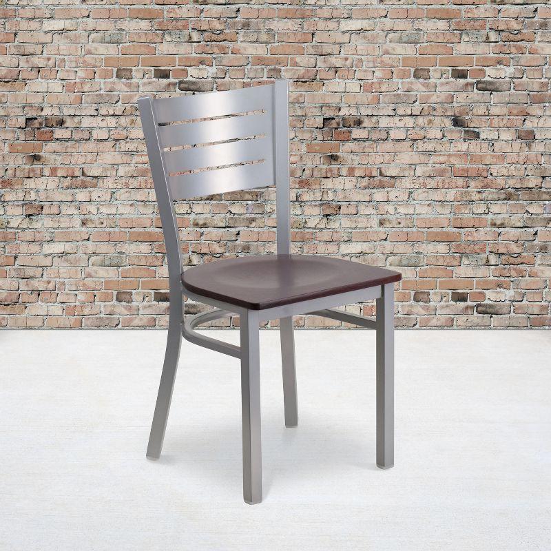 Silver and Walnut Low Slat Back Metal Side Chair