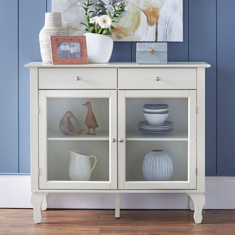 Layla Buffet Antiqued White - Buylateral: Queen Ann Legs, Glass Doors, Adjustable Shelves