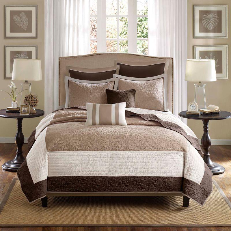 Brown and Beige Reversible Microfiber Coverlet Set with Shams