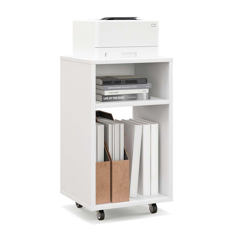 White MDF Mobile File Cabinet with Open Shelves and Casters