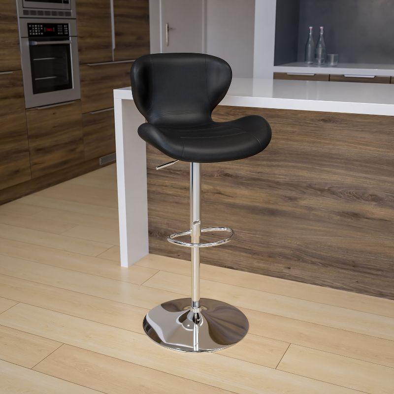 Sleek Curvaceous Black Vinyl Adjustable Swivel Barstool with Chrome Base