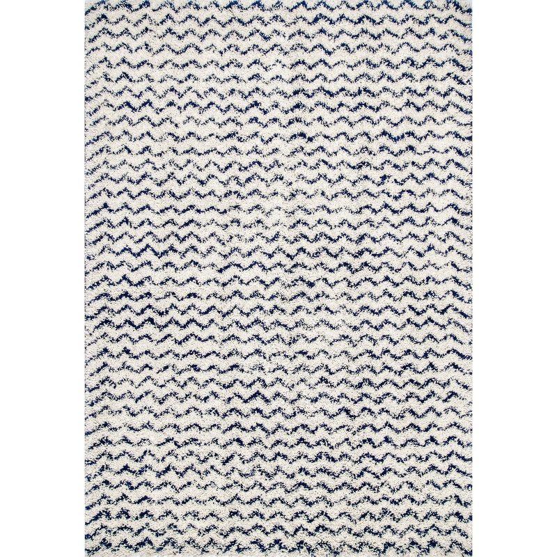 Nuloom Cuellar Striped 9x12 Shag Indoor Area Rug for Living Room Bedroom Dining Room Nursery, Navy/Ivory
