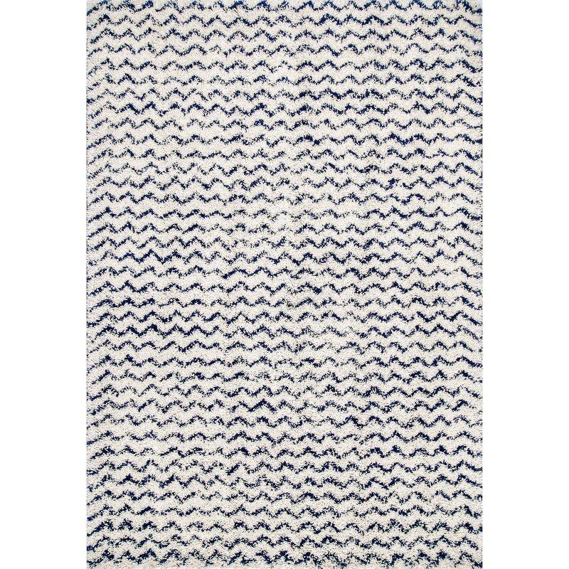 Navy Spot Chevron 4' x 6' Washable Shag Area Rug