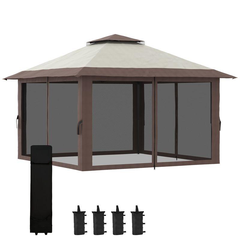 Outsunny 13' x 13' Pop Up Canopy, Gazebo Tent with Netting, Weight Bags, Adjustable Height & Wheeled Carry Bag, Beige