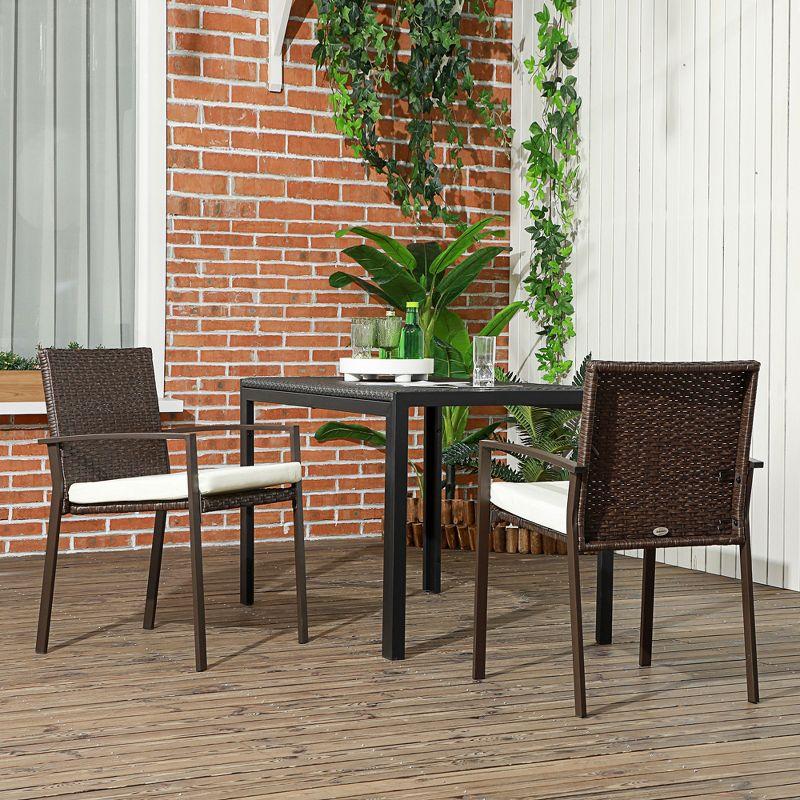 Brown Wicker Outdoor Dining Chairs with White Cushions, Set of 2