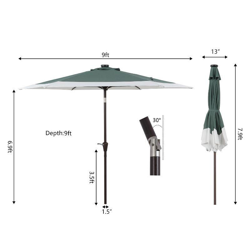 JONATHAN Y Spencer 9 ft. Classic Coastal 2-Tone Solar LED Market Patio Umbrella 12 LED Strip Lights, Auto-Tilt, Crank, UV Protection in Green/White