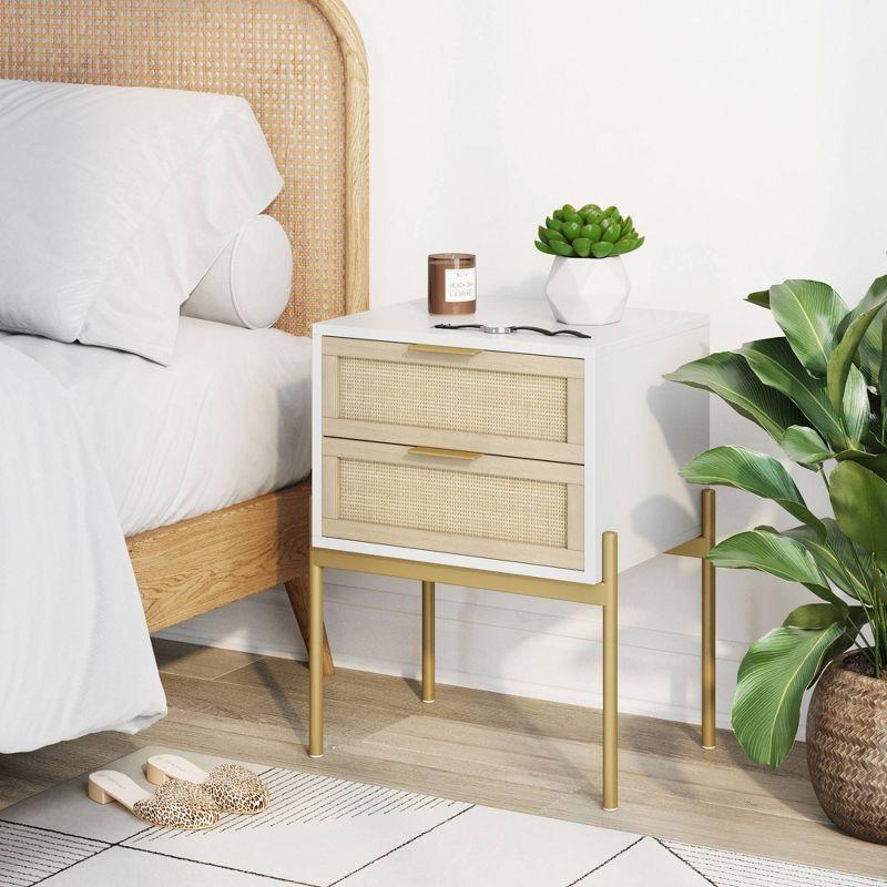 White and Gold Rattan 2-Drawer End Table with Metal Legs