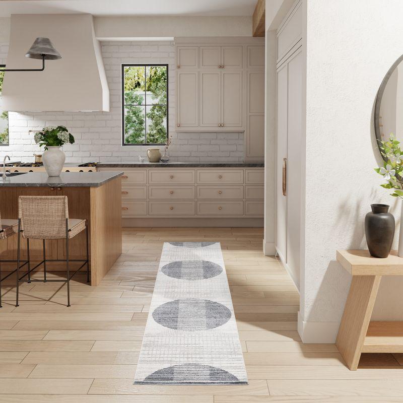 Nourison Astra Machine Washable Semi Circles Mid-Century Modern Indoor Bathroom, Kitchen Runner Rug Ivory Blue 2'2" x 12'