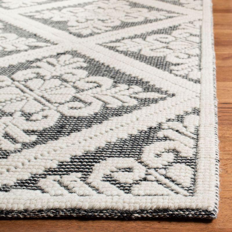 Ivory and Black Hand-Knotted Wool Rectangular Rug