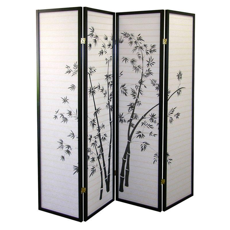 4 Panel Room Divider Bamboo - Ore International: Hardwood Spruce Frame, Botanical Floral Tree Design, No Assembly Required